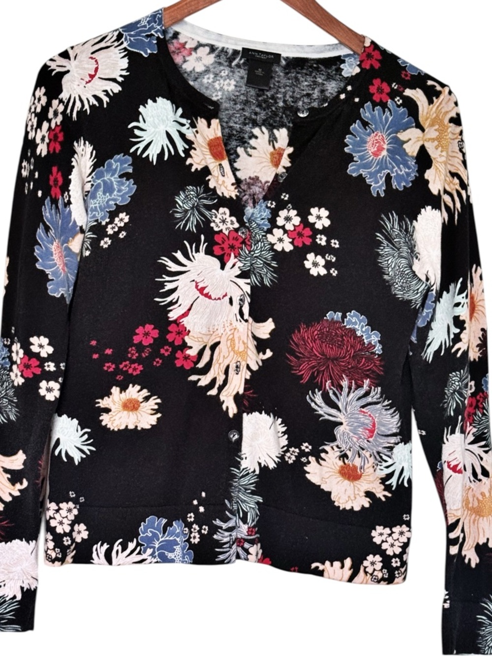 Ann Taylor Black Floral Button-Down Lightweight Sweater